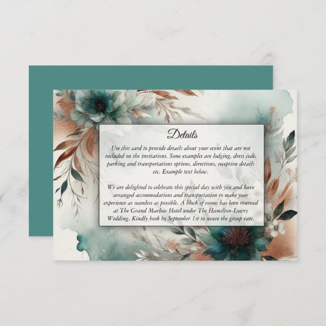 Teal Petals i Bronze Bloom Bröllop Tilläggskort (Fram/baksida)