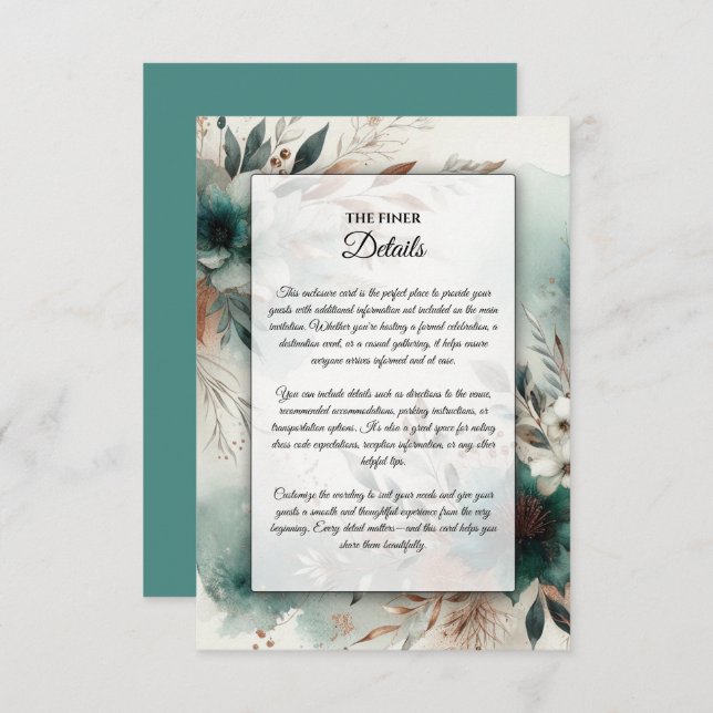 Teal Petals i Bronze Bloom Bröllop Tilläggskort (Fram/baksida)