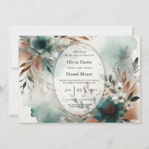 Teal Petals in Bronze Bloom Bröllop Inbjudningar