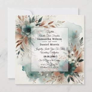 Teal Petals in Bronze Bloom Bröllop Inbjudningar