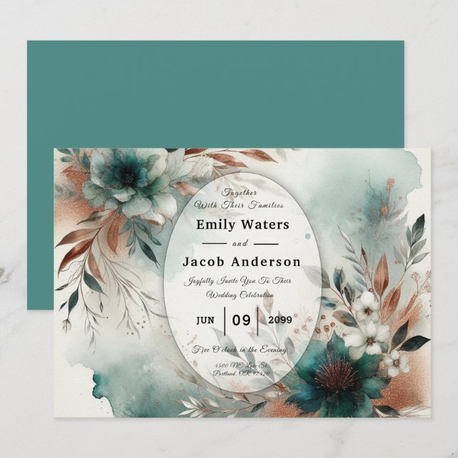 Teal Petals in Bronze Bloom Wedding Inbjudningar (Fram/baksida)