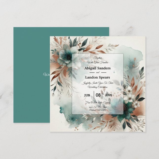 Teal Petals in Bronze Bloom Wedding Inbjudningar (Fram/baksida)
