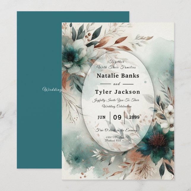 Teal Petals in Bronze Bloom Wedding Inbjudningar (Fram/baksida)