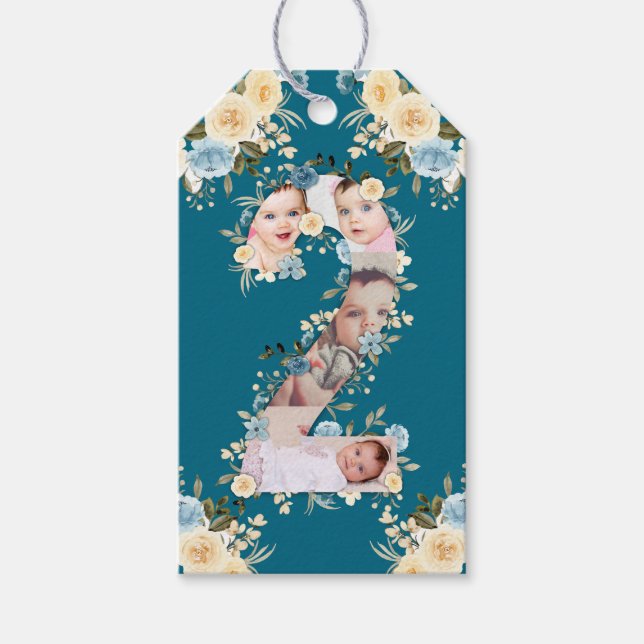Teal Photo 2nd Birthday Collage Blue Gult Flower Presentetikett (Framsidan)