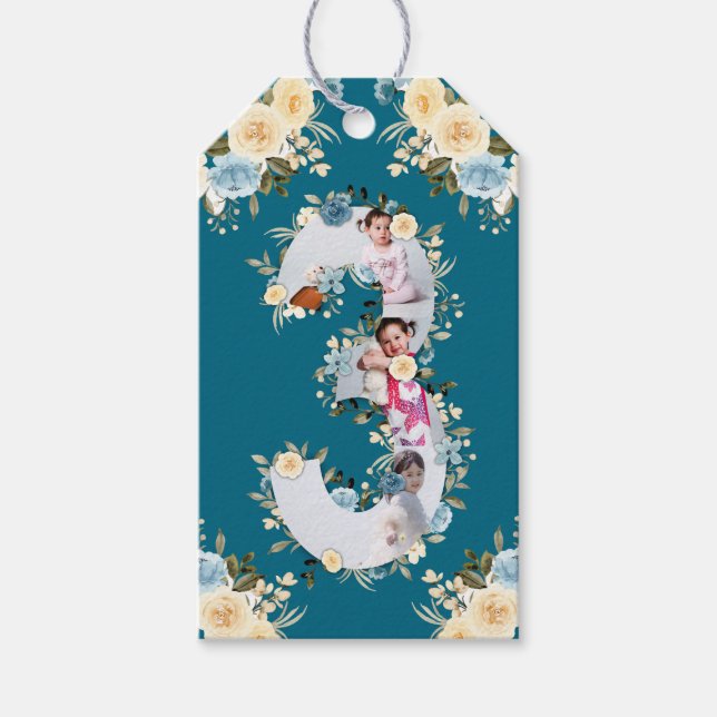 Teal Photo 3rd Birthday Collage Blue Gult Flower Presentetikett (Framsidan)