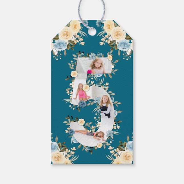 Teal Photo 5th Birthday Collage Blue Gult Flower Presentetikett (Framsidan)