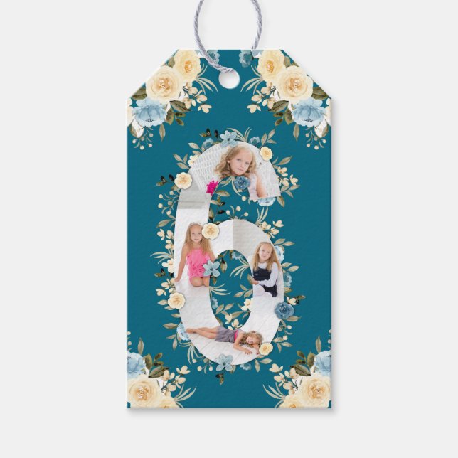 Teal Photo Collage 6e Birthday Blue Gult Flower Presentetikett (Framsidan)