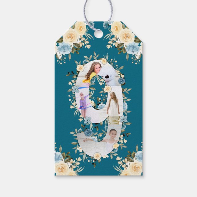 Teal Photo Collage 9:e födelsedag Blå Gult Flower Presentetikett (Framsidan)