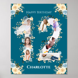 Teal Photo Collage Gult Flower 12:e Birthday Poster