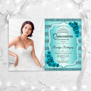 Teal Photo Elegant Quinceanera Inbjudningar