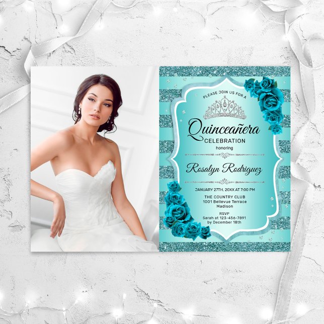 Teal Photo Elegant Quinceanera Inbjudningar (Skapare uppladdad)