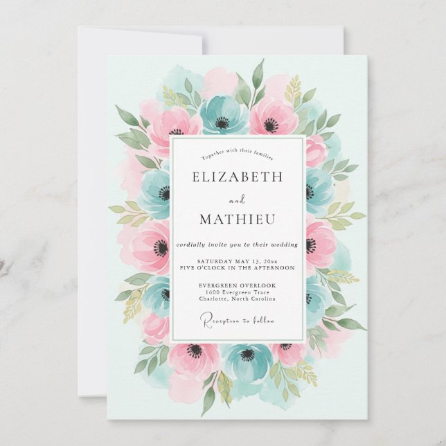 Teal Pink Floral Flourish Wedding Inbjudningar (Framsida)