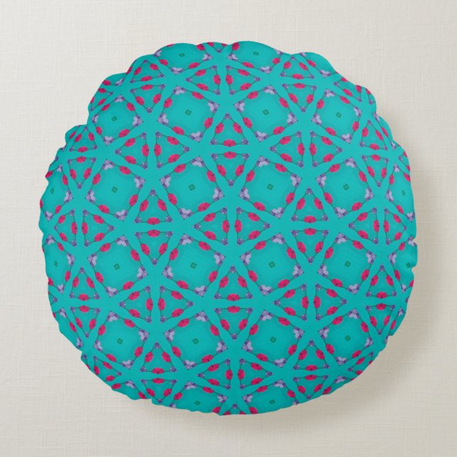 Teal Pink Retro Geometry Round Pillow Rund Kudde (Framsidan)