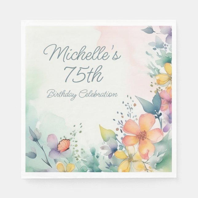 Teal Pink Yellow Pastel Floral 75th Birthday Pappersservett (Framsidan)