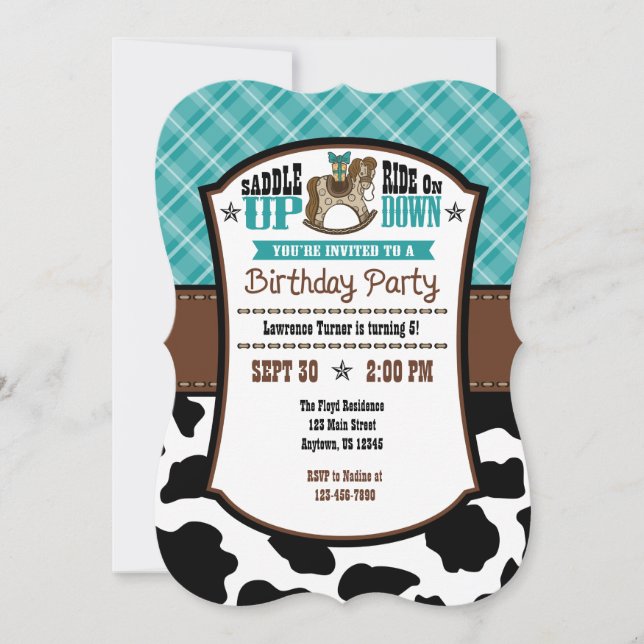 Teal Play Cowhide Cowboy Birthday Inbjudan (Framsida)
