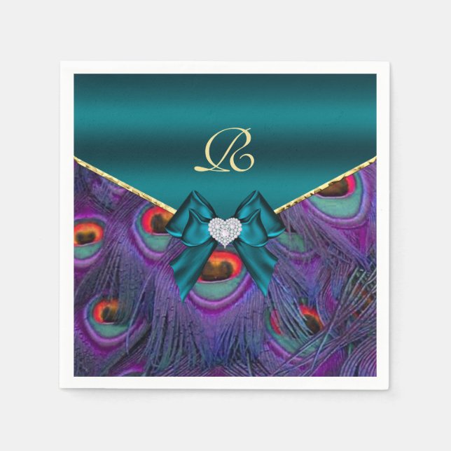Teal Plum Peacock Bröllop Pappra Party Napkins Pappersservett (Framsidan)