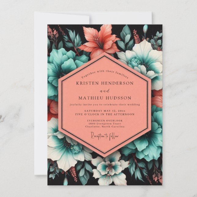 Teal Poetic Bloom Wedding Inbjudningar (Framsida)