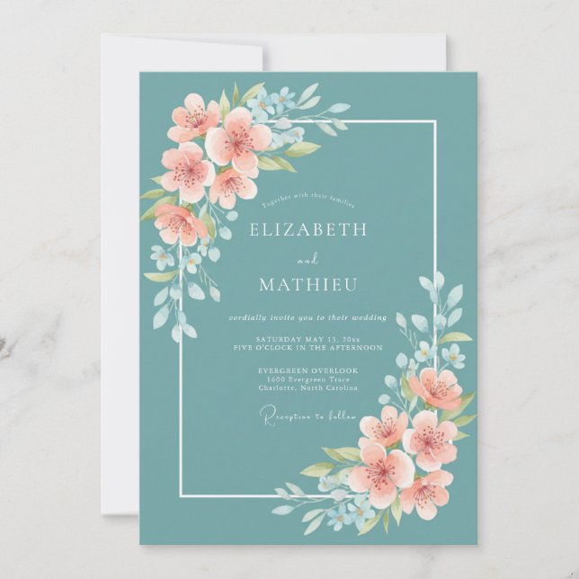 Teal Poetic Blossom Wedding Inbjudningar (Framsida)