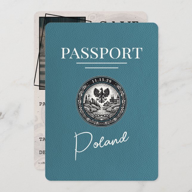 Teal Poland Passport - spara datum Spara Datumet (Fram/baksida)