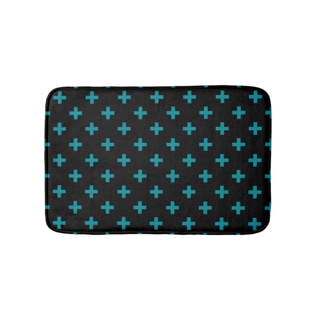 Teal polka kor på svart badrumsmatta (Framsidan)