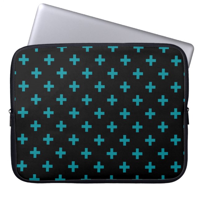 Teal polka kor på svart laptop fodral (Framsidan)