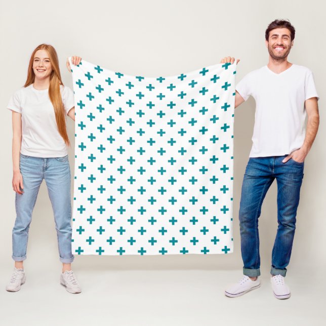 Teal polka kor på vit fleecefilt (På plats)