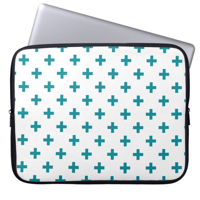 Teal polka kor på vit laptop fodral (Framsidan)