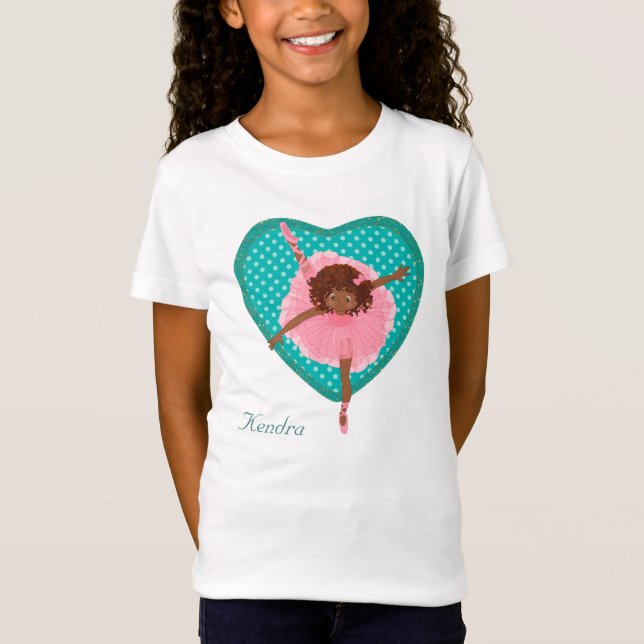 Teal Polkadot Heart Rosa Ballerina T-shirt (Framsida)