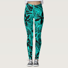 Teal Polynesian - Hawaiian Teal Tribal Design Leggings