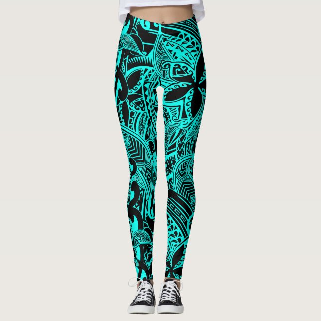 Teal Polynesian - Hawaiian Teal Tribal Design Leggings (Framsida)