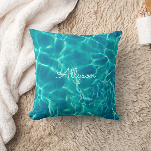 Teal Pool Water, White Name or Monogram Kudde (Filt)