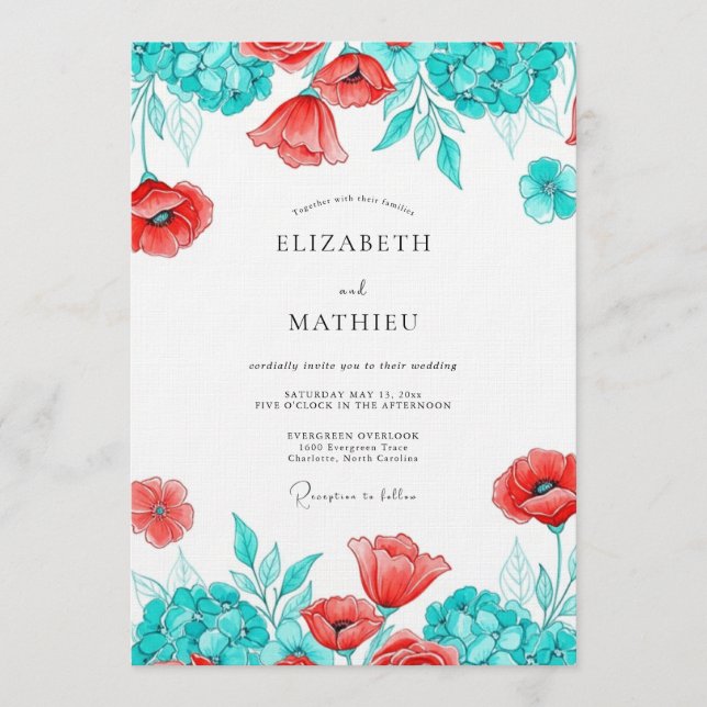 Teal Poppy Bloom Botanical Wedding Inbjudningar (Framsida)