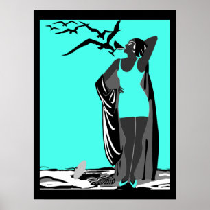 Teal Poster ART DECO DAM Svarta vita fåglar