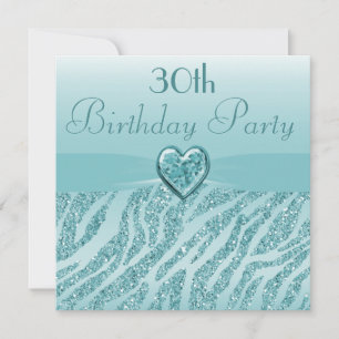 Teal Prated Heart & Zebra Glitter 30års födelsedag Inbjudningar