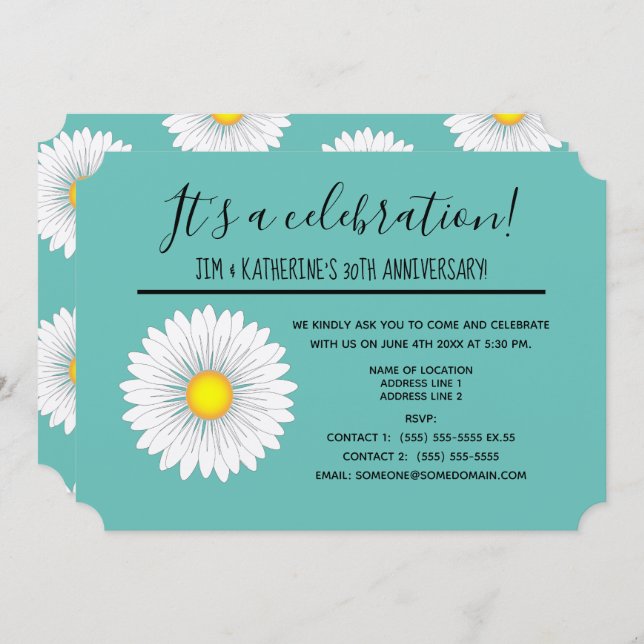 Teal Pretty Little Daisy 30-årsjubileum Inbjudningar (Fram/baksida)