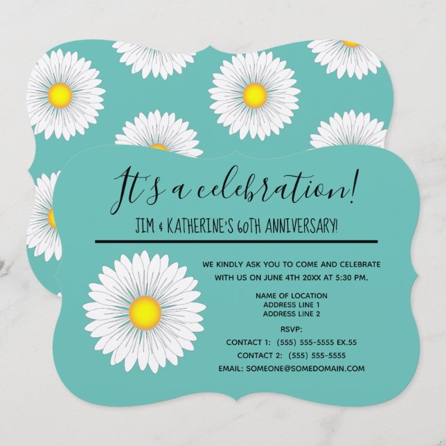 Teal Pretty Little Daisy 60-års bröllopsjubileum Inbjudningar (Fram/baksida)