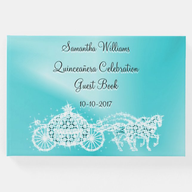 Teal Princess Coach & Horses Quinceañera Gästböcker (Framsida)