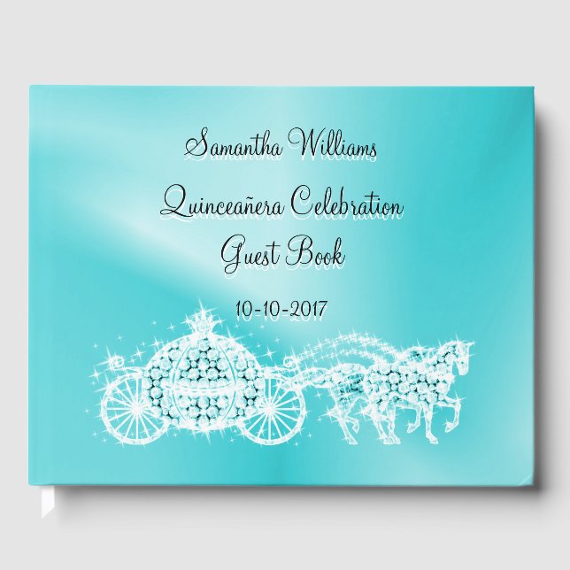 Teal Princess Coach & Horses Quinceañera Gästböcker (Framsida)