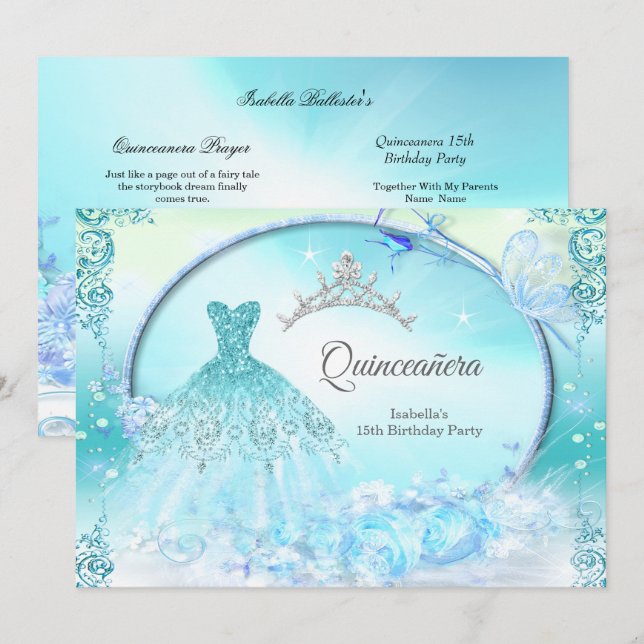 Teal Princess Quinceanera Magic Dress Inbjudningar (Fram/baksida)