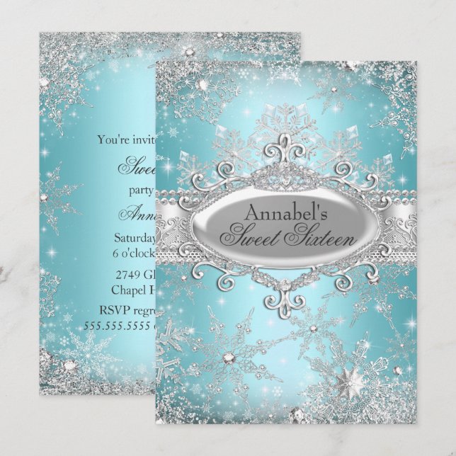 Teal Princess Winter Wonderland Sweet 16 Inbjudan (Fram/baksida)