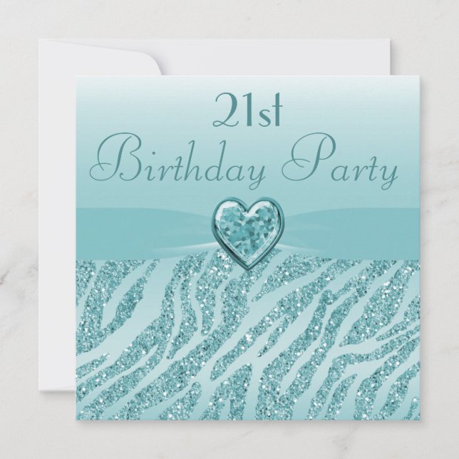Teal Printing Heart & Zebra Glitter 21:a födelseda Inbjudningar (Framsida)