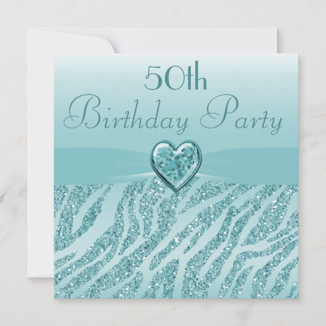 Teal Printing Heart & Zebra Glitter 50:e födelseda Inbjudningar (Framsida)