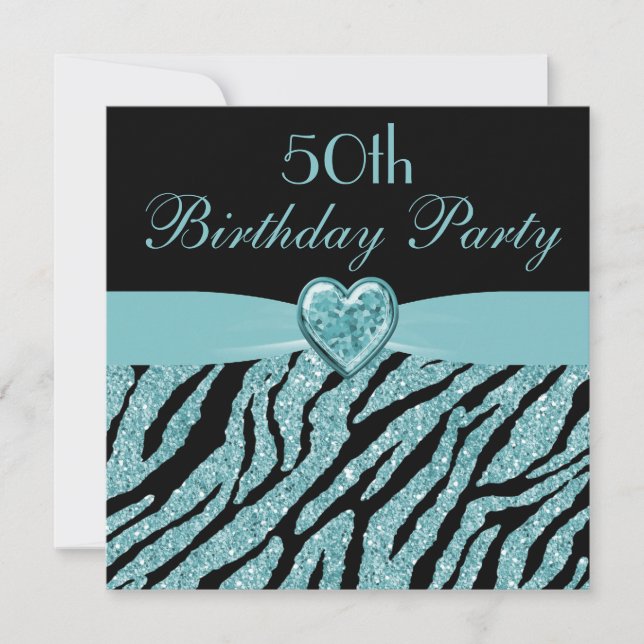 Teal Printing Heart & Zebra Glitter 50:e födelseda Inbjudningar (Framsida)