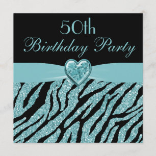 Teal Printing Heart & Zebra Glitter 50:e födelseda Inbjudningar
