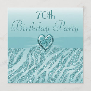 Teal Printing Heart & Zebra Glitter 70:e födelseda Inbjudningar
