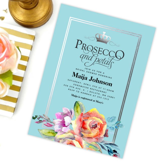 Teal Prosecco och Petals Inbjudningskort för möhip (Skapare uppladdad)