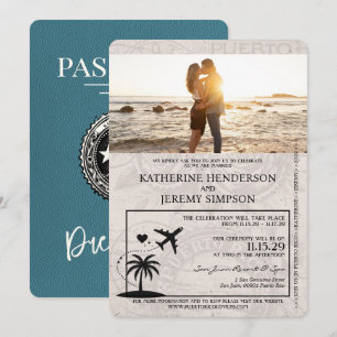 Teal Puerto Rico Passport Wedding bjudande Inbjudningar