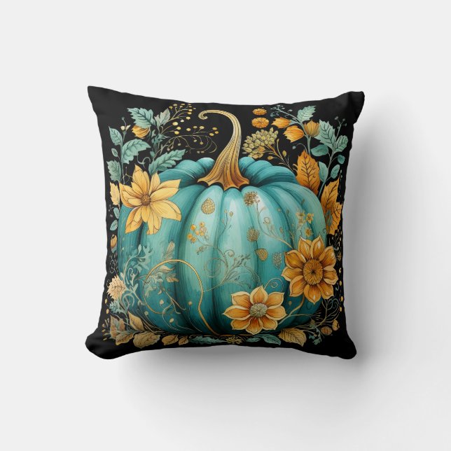 Teal Pumpkin Autumn Boho Fall Black Kudde (Framsida)