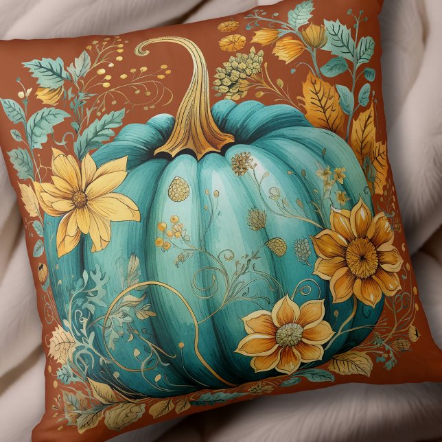 Teal Pumpkin Autumn Boho Fall Caramel Kudde (Teal Pumpkin Autumn Boho Fall Caramel Throw Pillow)