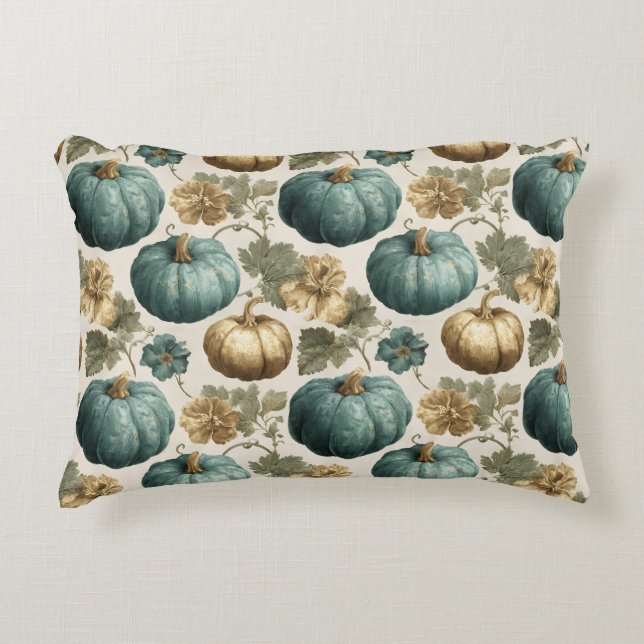 Teal Pumpkins och Golden Blommönster Prydnadskudde (Framsidan)